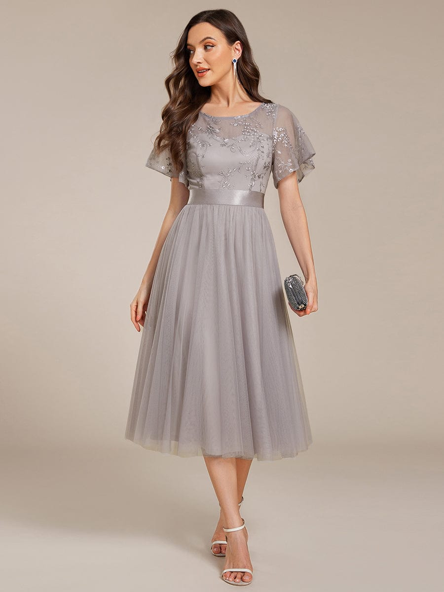 Embellished Tulle Midi Bridesmaid Dress with Sheer Sleeves #color_Grey
