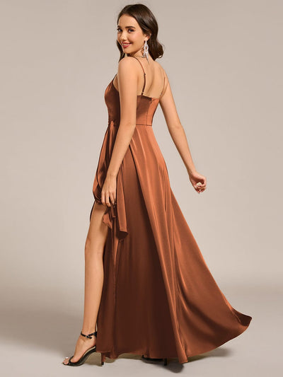 Wrap-Style Spaghetti Strap Maxi Satin Bridesmaid Dress #color_Brown
