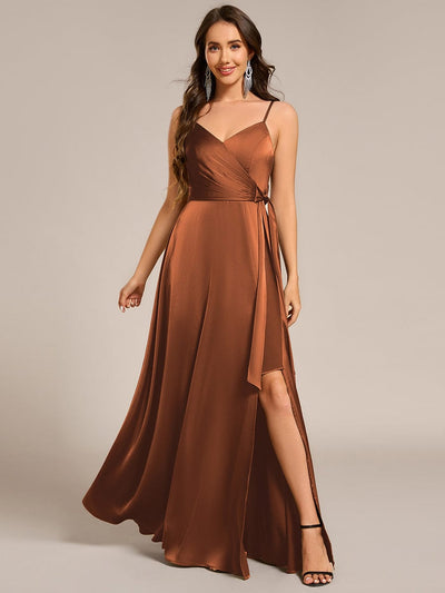 ever IYLA|Wrap-Style Spaghetti Strap Maxi Satin Bridesmaid Dress