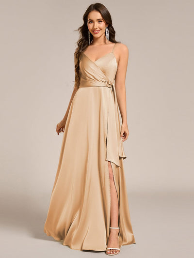Wrap-Style Spaghetti Strap Maxi Satin Bridesmaid Dress #color_Champagne
