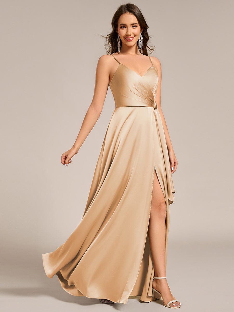 Wrap-Style Spaghetti Strap Maxi Satin Bridesmaid Dress #color_Champagne