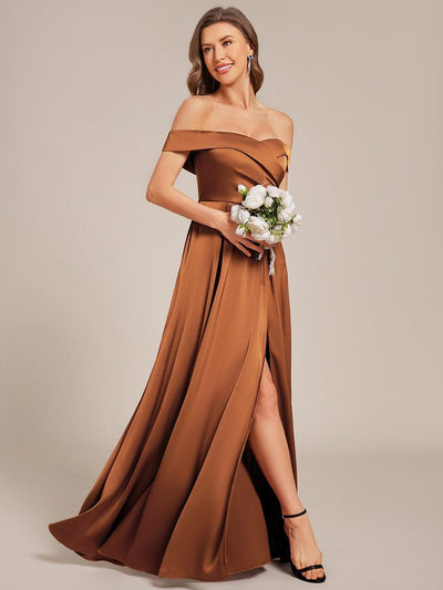 ever SKYE|Off Shoulder Lace-Up High Slit Satin Bridesmaid Dress