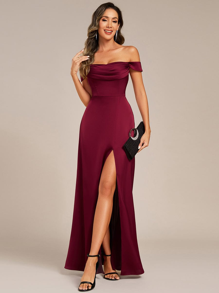 Off Shoulder Short Sleeve Split Bandage Floor-Length Bridesmaid Dresses #color_Burgundy