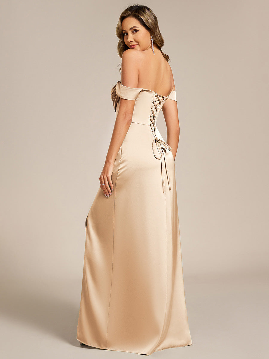 Off Shoulder Short Sleeve Split Bandage Floor-Length Bridesmaid Dresses #color_Champagne