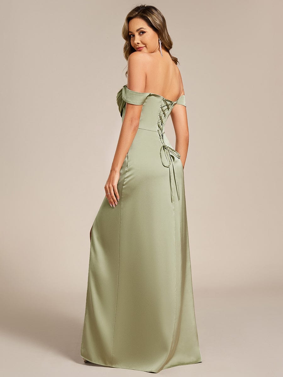 Off Shoulder Short Sleeve Split Bandage Floor-Length Bridesmaid Dresses #color_Sage Green