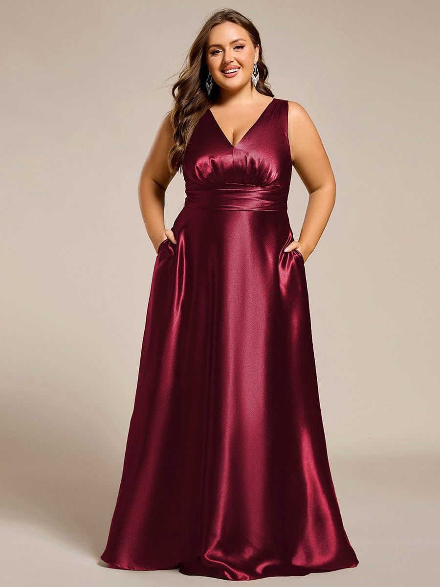 Plus Size Satin Empire Waist Maxi Bridesmaid Dress with Pockets #color_Burgundy