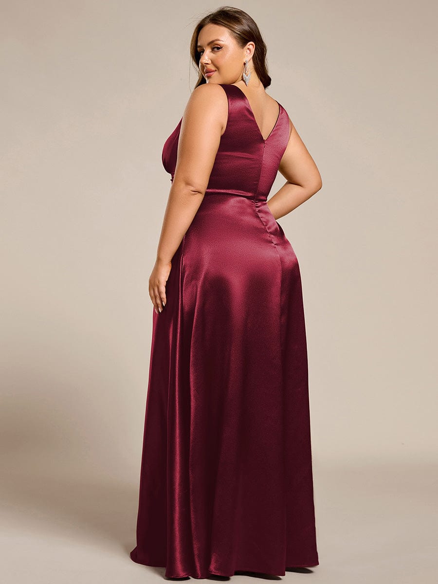 Plus Size Satin Empire Waist Maxi Bridesmaid Dress with Pockets #color_Burgundy