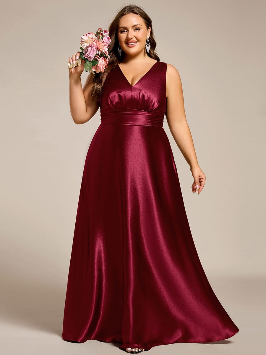 Plus Size Satin Empire Waist Maxi Bridesmaid Dress with Pockets #color_Burgundy