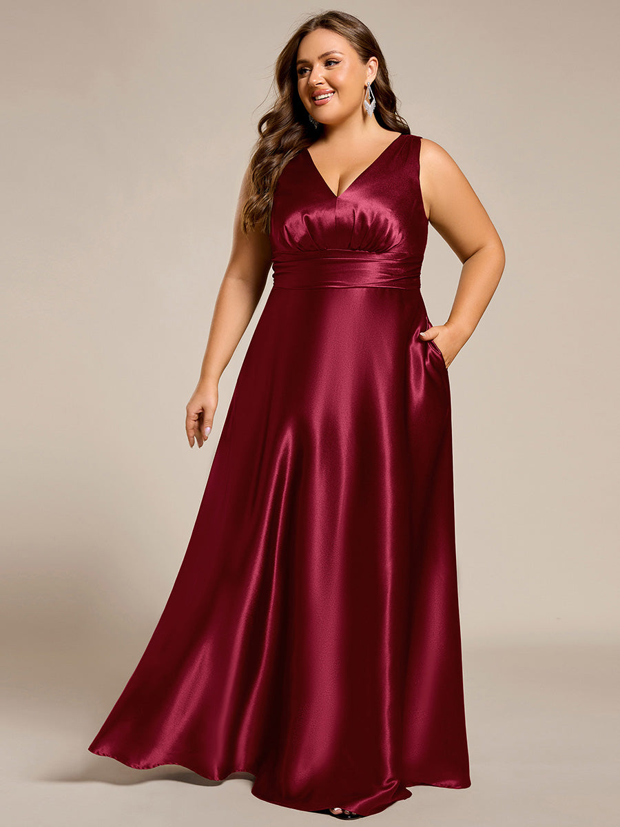 Plus Size Satin Empire Waist Maxi Bridesmaid Dress with Pockets #color_Burgundy