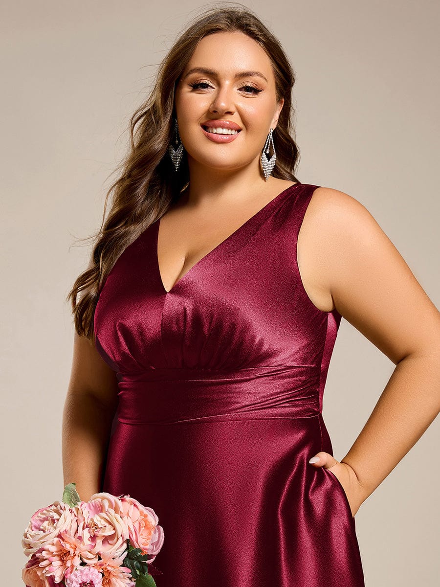Plus Size Satin Empire Waist Maxi Bridesmaid Dress with Pockets #color_Burgundy