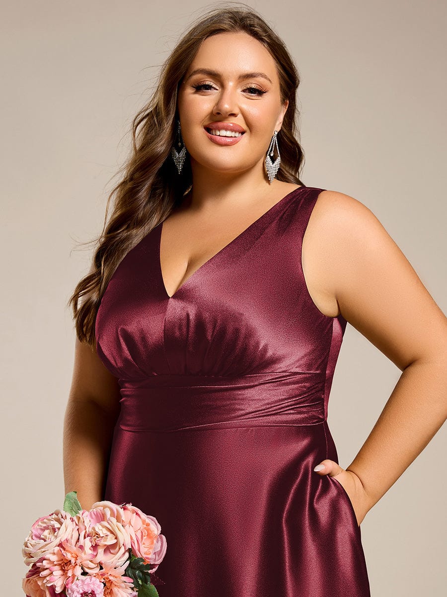 Double V-neck Satin Maxi Formal Dress with Pockets #color_Burgundy