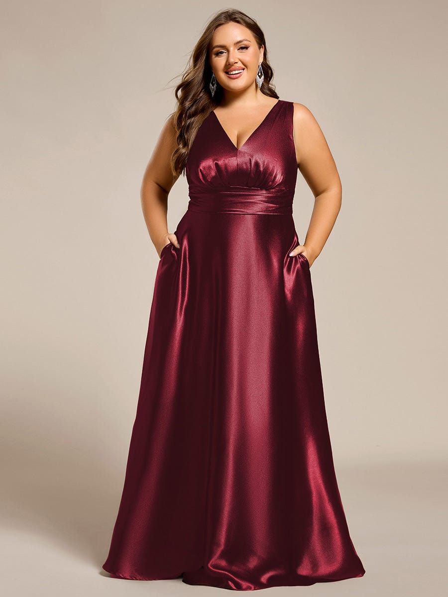 Double V-neck Satin Maxi Formal Dress with Pockets #color_Burgundy