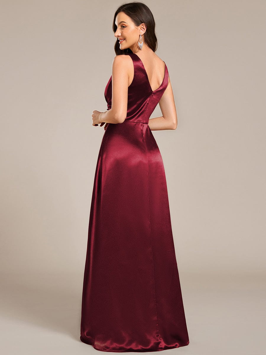 Double V-neck Satin Maxi Formal Dress with Pockets #color_Burgundy