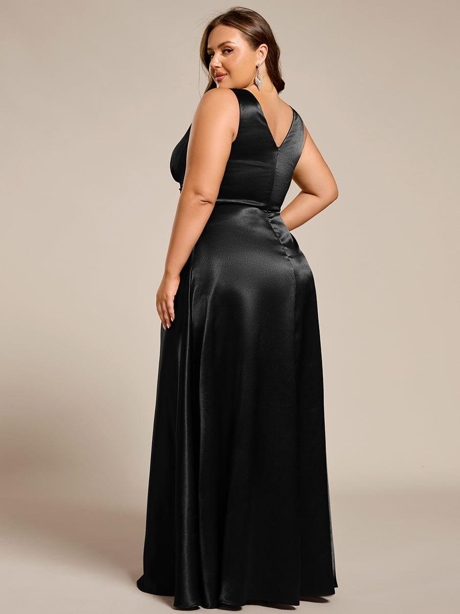 Double V-neck Satin Maxi Formal Dress with Pockets #color_Black