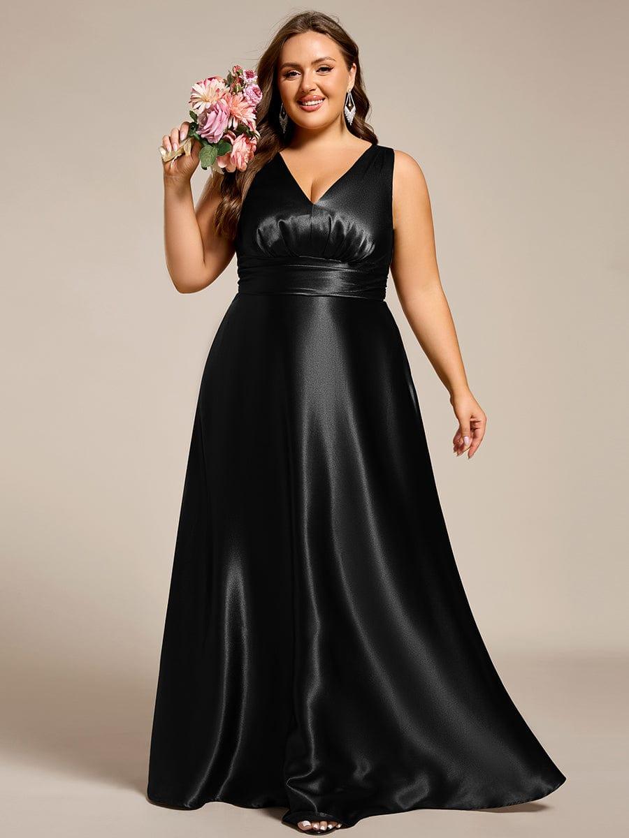 Double V-neck Satin Maxi Formal Dress with Pockets #color_Black