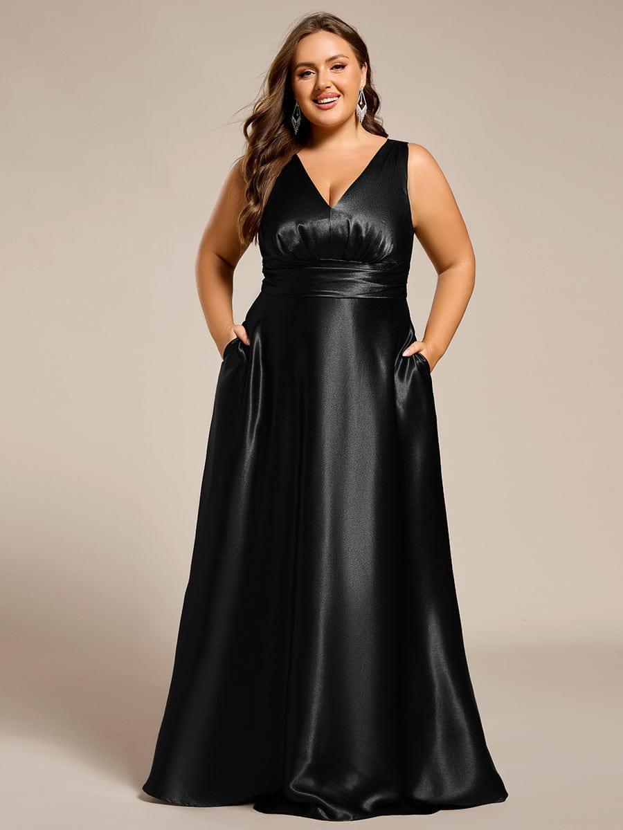 Double V-neck Satin Maxi Formal Dress with Pockets #color_Black
