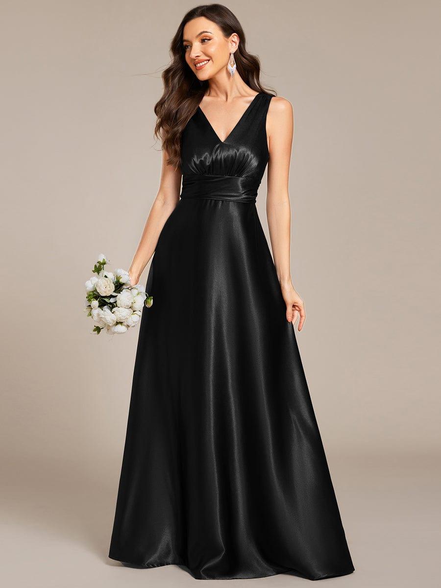 Double V-neck Satin Maxi Formal Dress with Pockets #color_Black