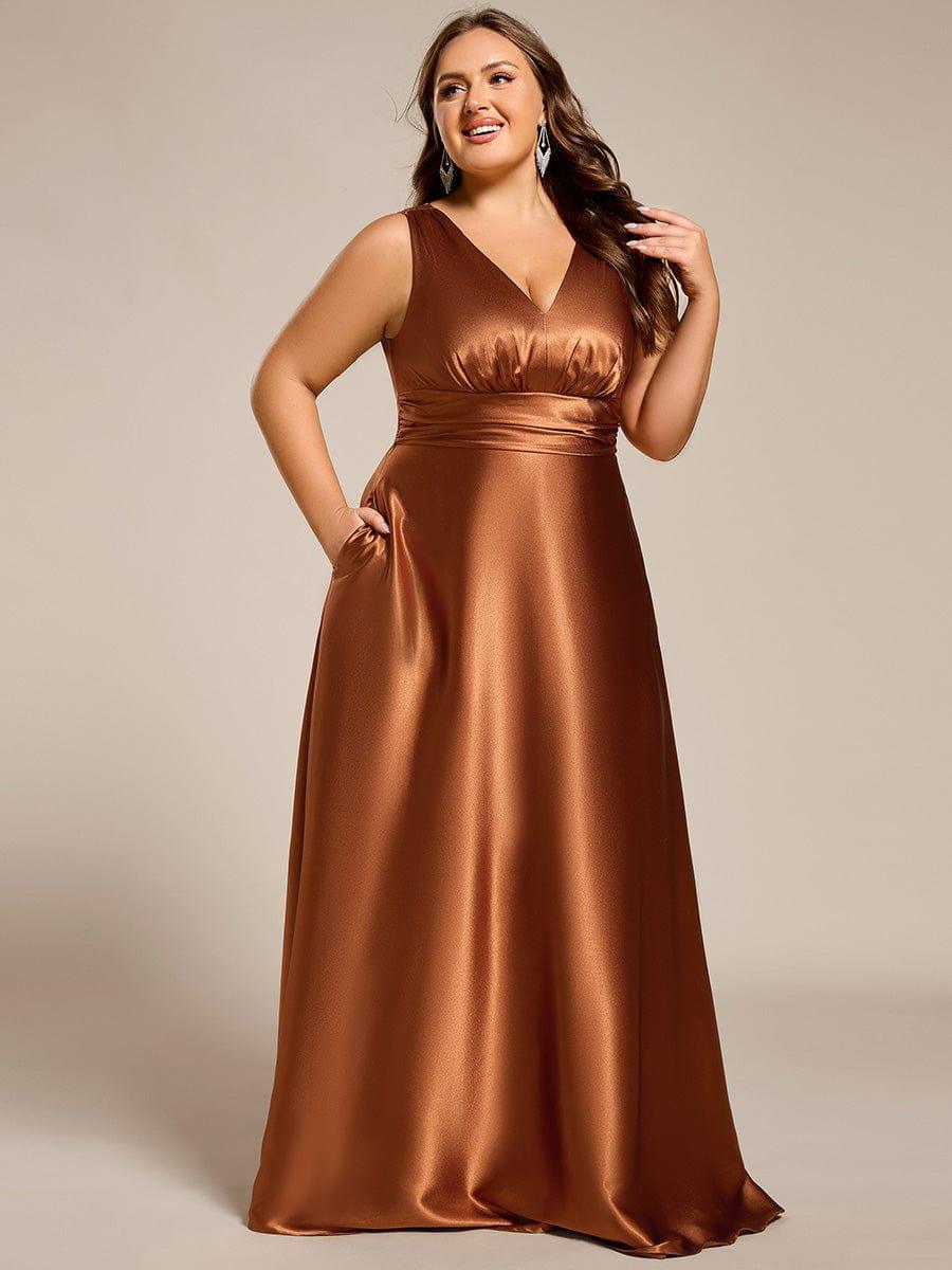 Double V-neck Satin Maxi Formal Dress with Pockets #color_Copper