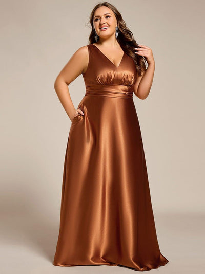 Plus Size Satin Maxi Formal Dress with Pockets #color_Copper