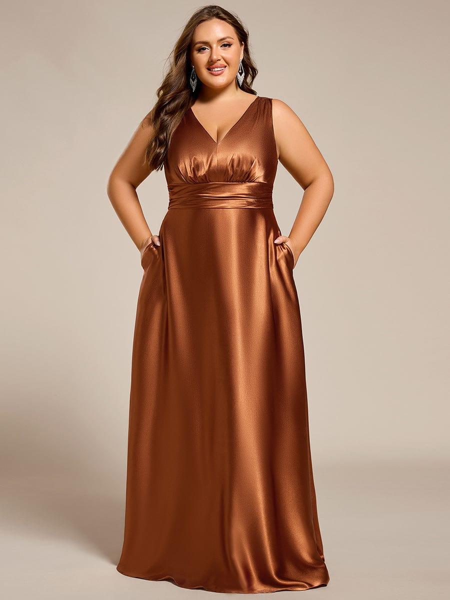 Double V-neck Satin Maxi Formal Dress with Pockets #color_Copper