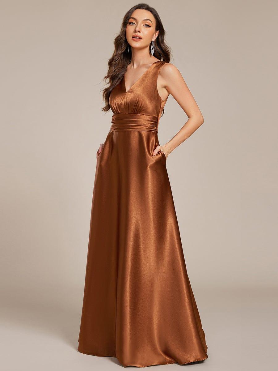 Double V-neck Satin Maxi Formal Dress with Pockets #color_Copper