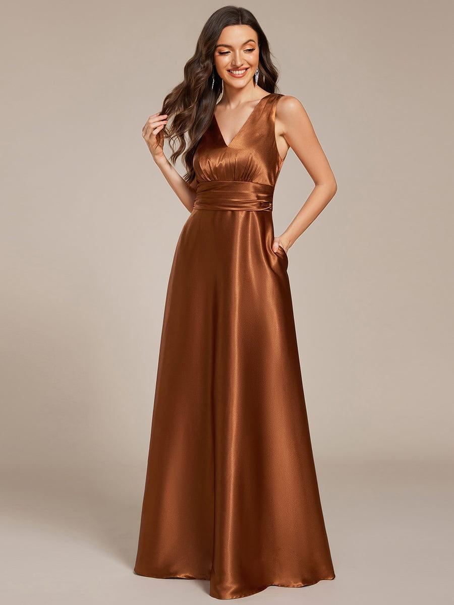 Double V-neck Satin Maxi Formal Dress with Pockets #color_Copper