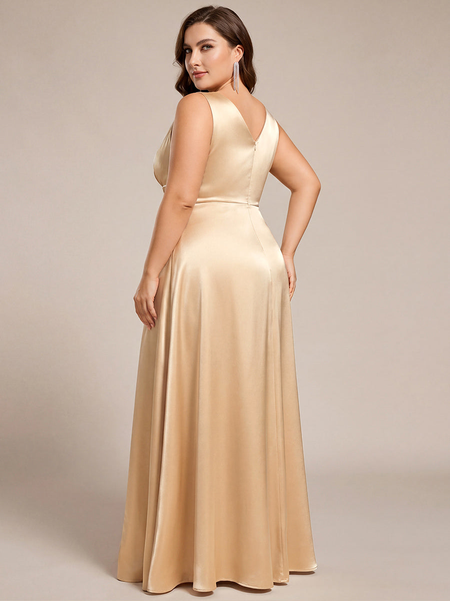 Plus Size Satin Empire Waist Maxi Bridesmaid Dress with Pockets #color_Champagne