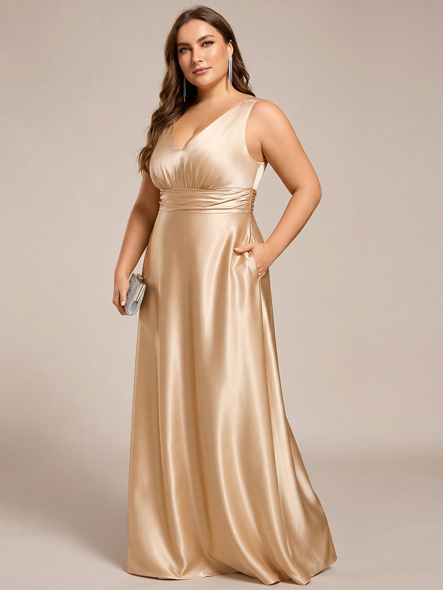 Plus Size Satin Empire Waist Maxi Bridesmaid Dress with Pockets #color_Champagne