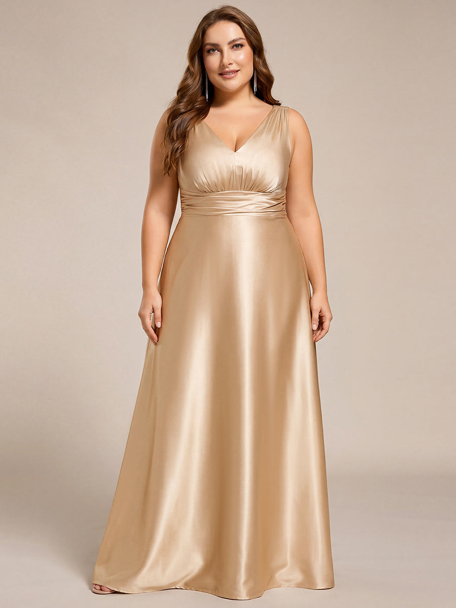 Plus Size Satin Empire Waist Maxi Bridesmaid Dress with Pockets #color_Champagne