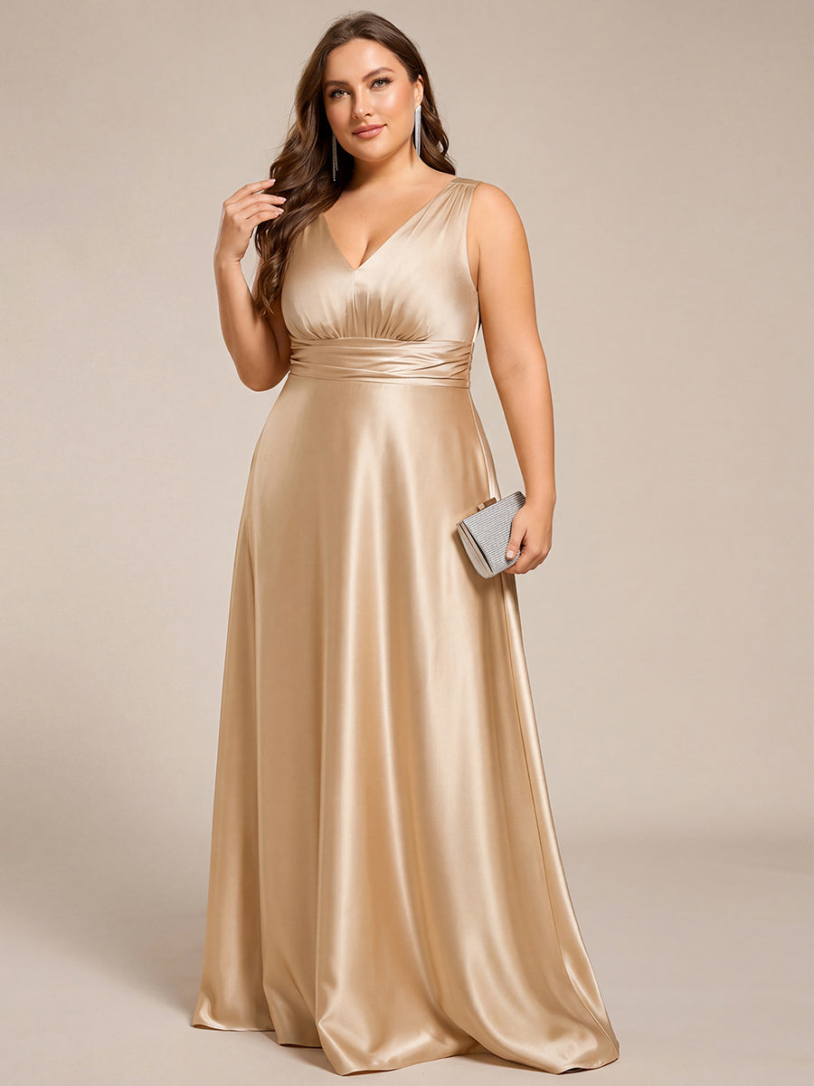 Plus Size Satin Empire Waist Maxi Bridesmaid Dress with Pockets #color_Champagne