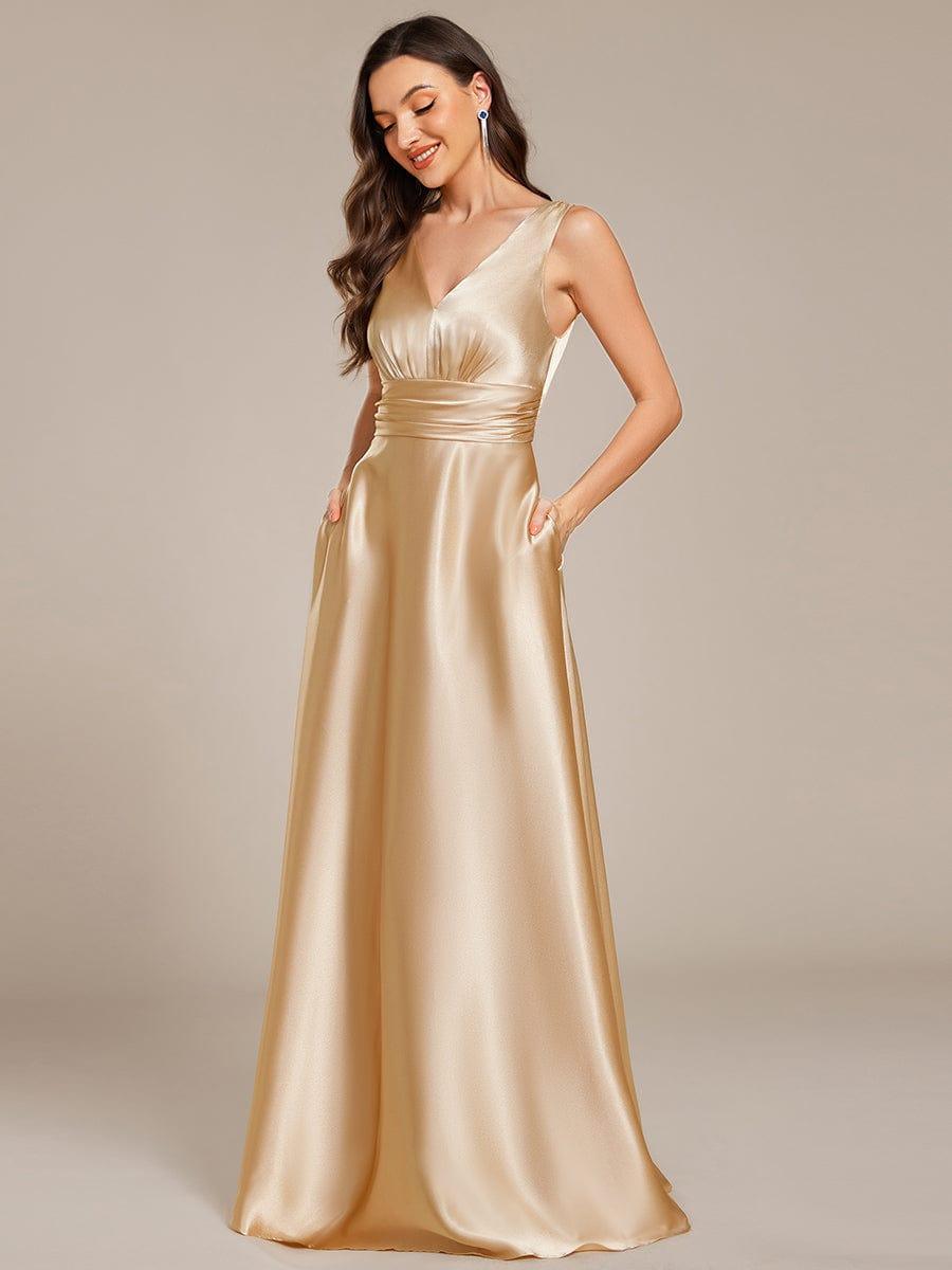 Double V-neck Satin Maxi Formal Dress with Pockets #color_Champagne