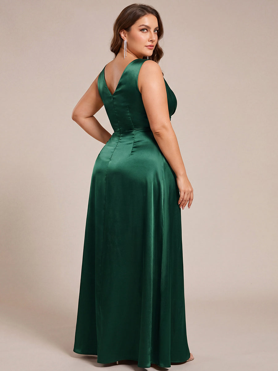 Double V-neck Satin Maxi Formal Dress with Pockets #color_Dark Green