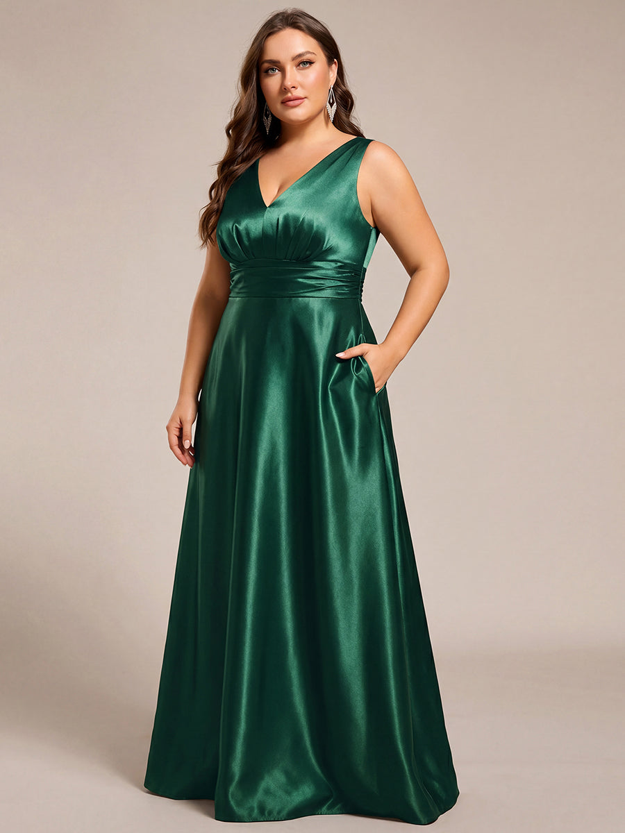 Plus Size Satin Empire Waist Maxi Bridesmaid Dress with Pockets #color_Dark Green