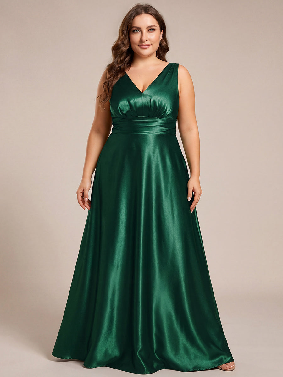 Plus Size Satin Empire Waist Maxi Bridesmaid Dress with Pockets #color_Dark Green