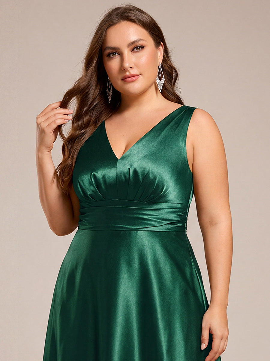 Double V-neck Satin Maxi Formal Dress with Pockets #color_Dark Green