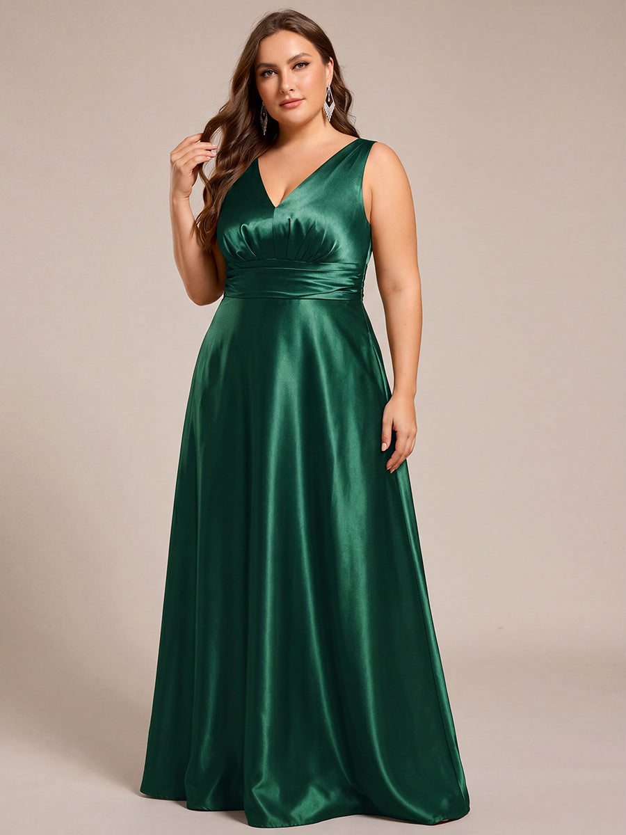 Plus Size Satin Empire Waist Maxi Bridesmaid Dress with Pockets #color_Dark Green