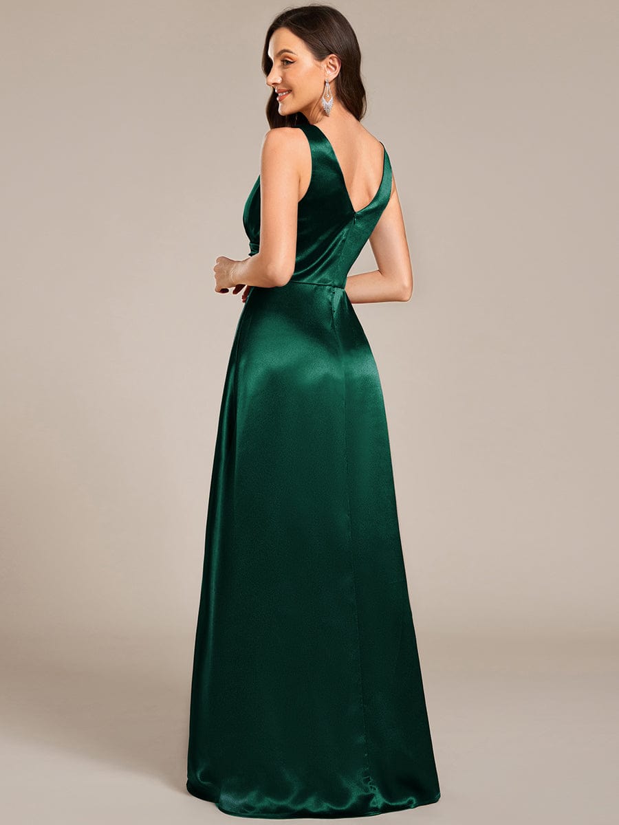 Double V-neck Satin Maxi Formal Dress with Pockets #color_Dark Green