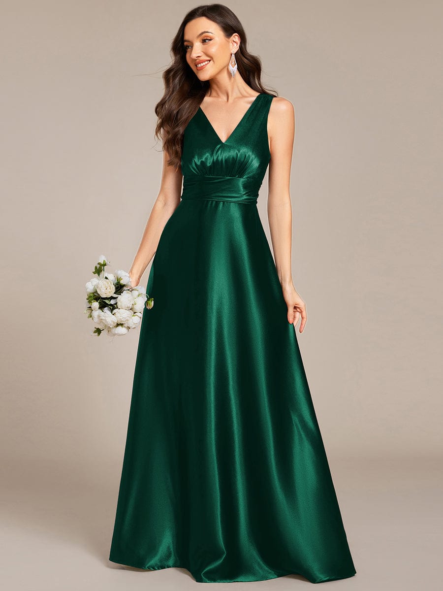 Double V-neck Satin Maxi Formal Dress with Pockets #color_Dark Green