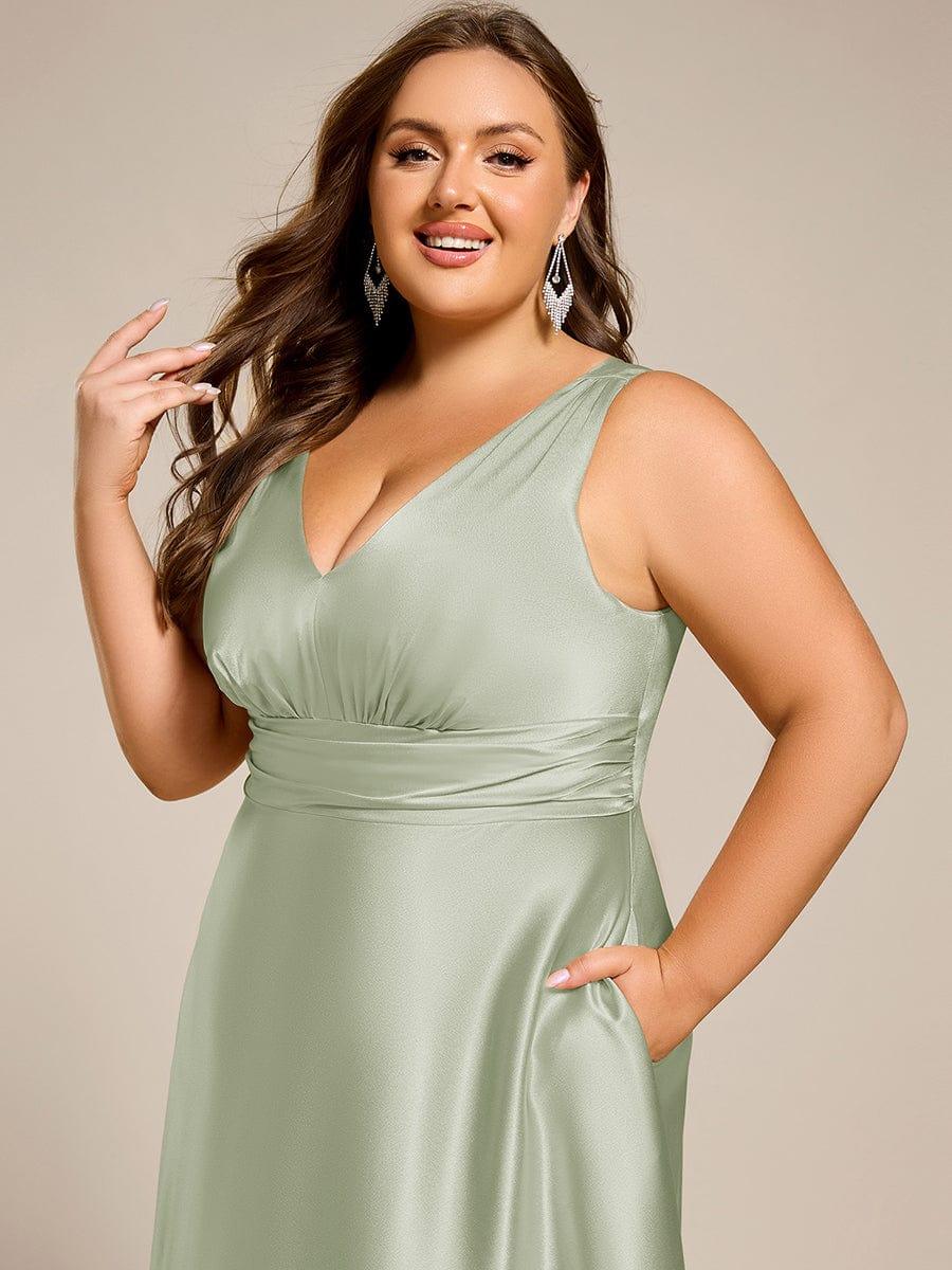 Plus Size Satin Maxi Formal Dress with Pockets #color_Mint Green