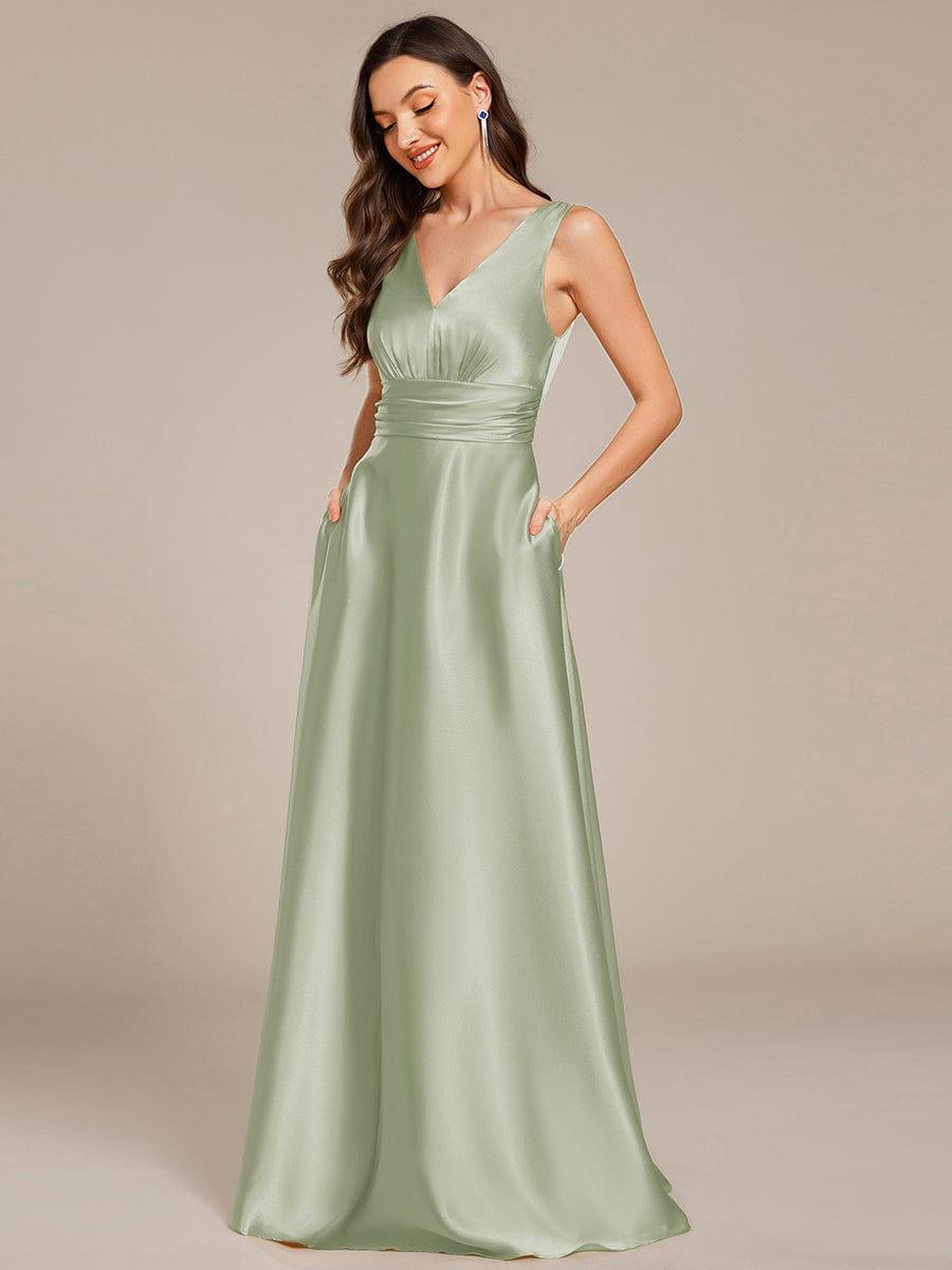 Double V-neck Satin Maxi Formal Dress with Pockets #color_Mint Green