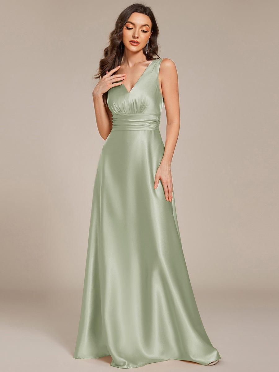 Double V-neck Satin Maxi Formal Dress with Pockets #color_Mint Green