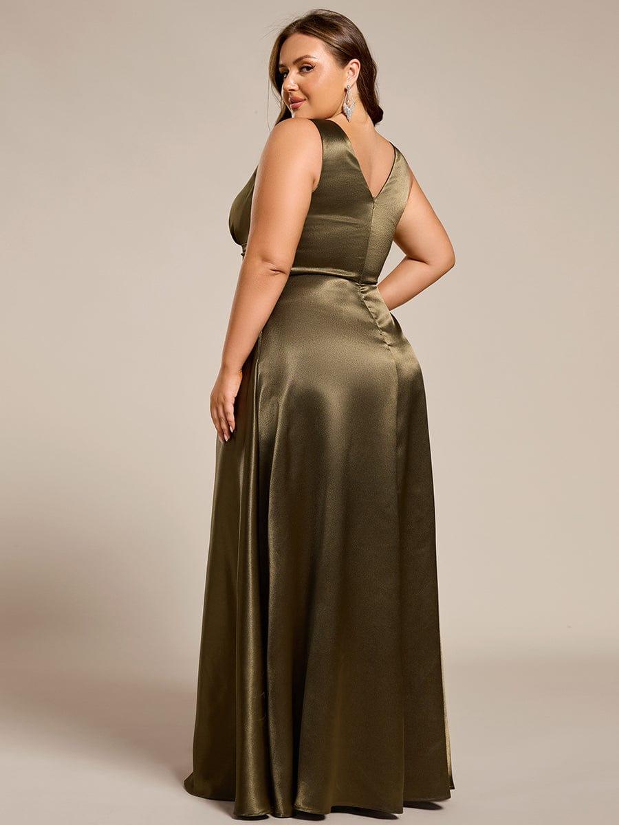 Double V-neck Satin Maxi Formal Dress with Pockets #color_Olive Green