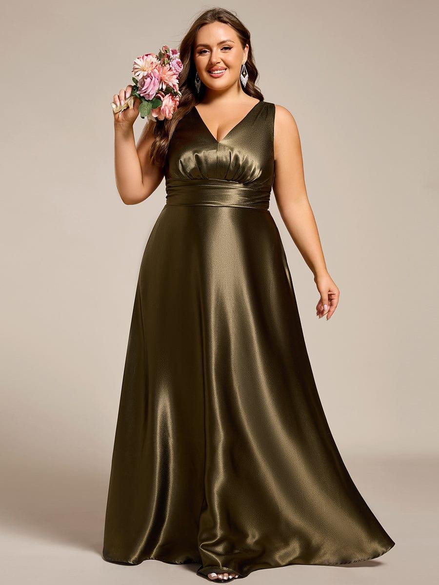 Double V-neck Satin Maxi Formal Dress with Pockets #color_Olive Green