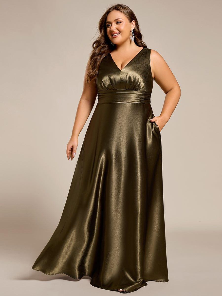 Double V-neck Satin Maxi Formal Dress with Pockets #color_Olive Green
