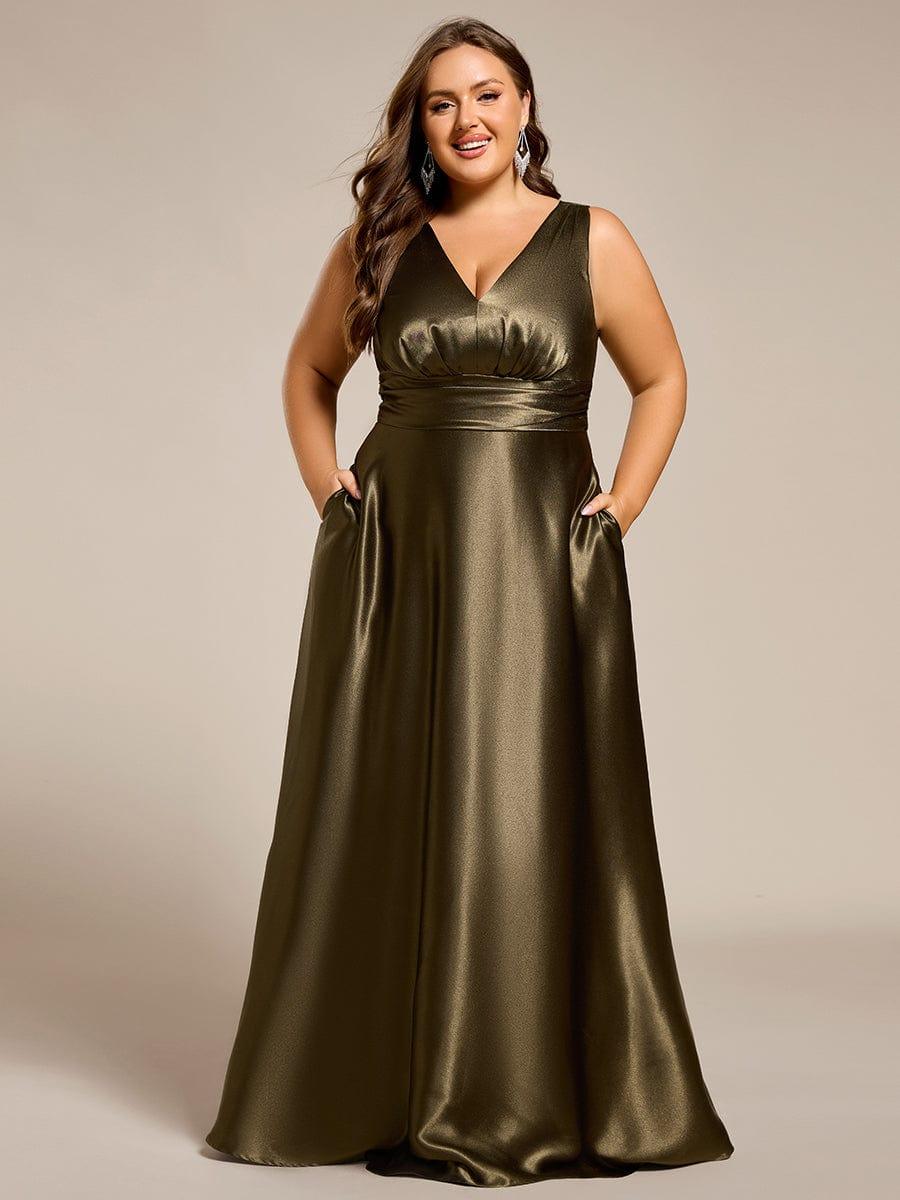 Plus Size Satin Maxi Formal Dress with Pockets #color_Olive Green