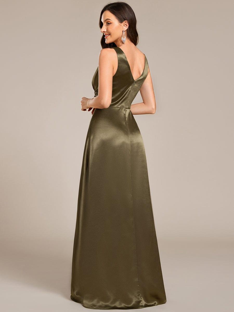Double V-neck Satin Maxi Formal Dress with Pockets #color_Olive Green