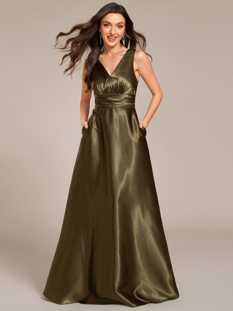 Double V-neck Satin Maxi Formal Dress with Pockets #color_Olive Green