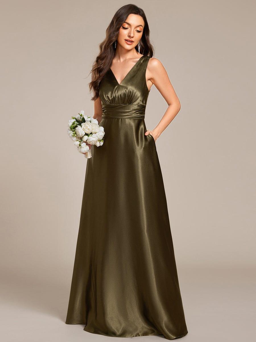 Double V-neck Satin Maxi Formal Dress with Pockets #color_Olive Green