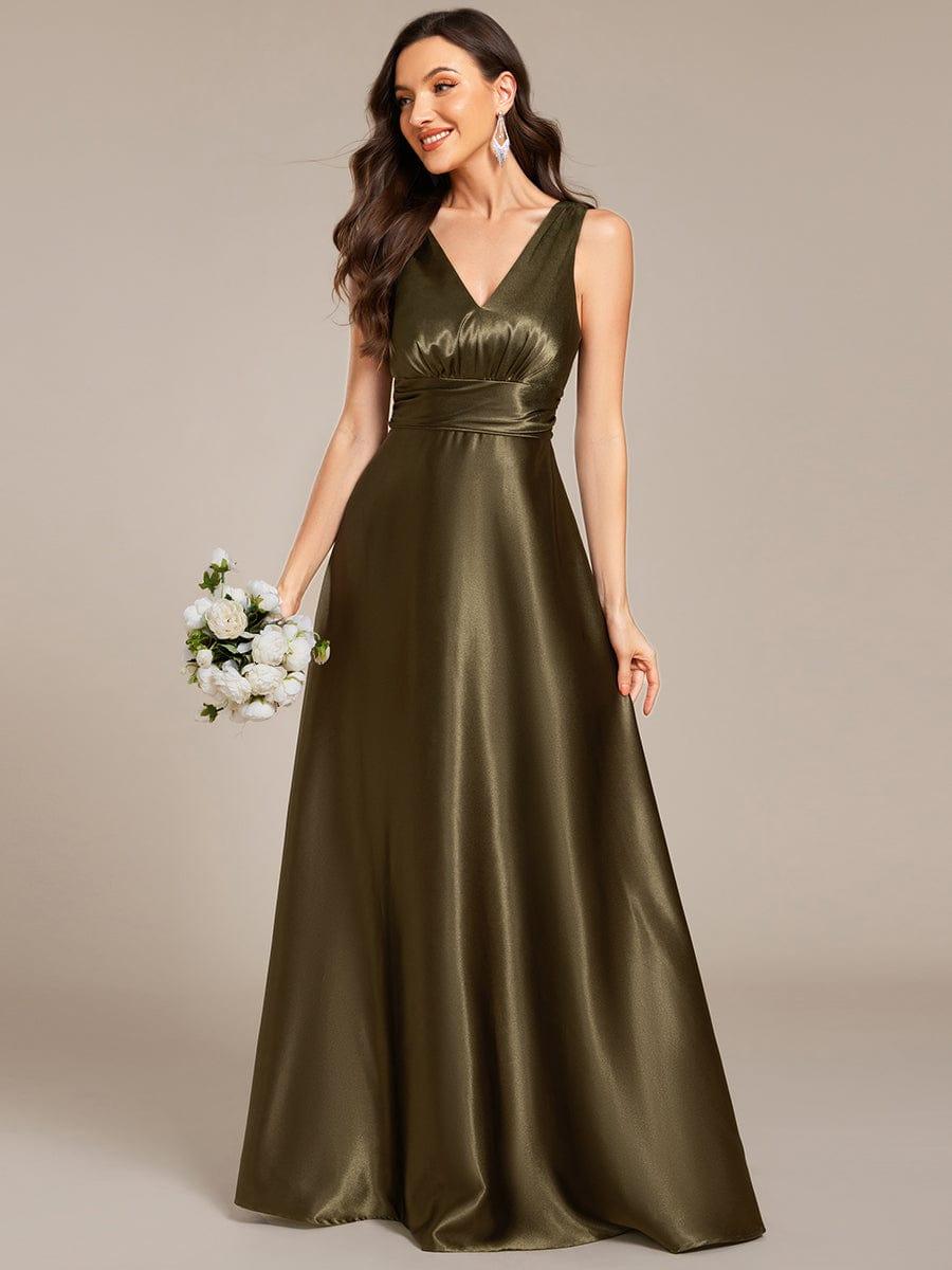 Double V-neck Satin Maxi Formal Dress with Pockets #color_Olive Green