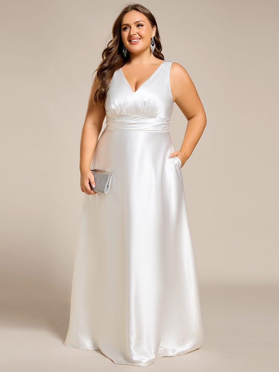 Plus Size Satin Maxi Formal Dress with Pockets #color_White
